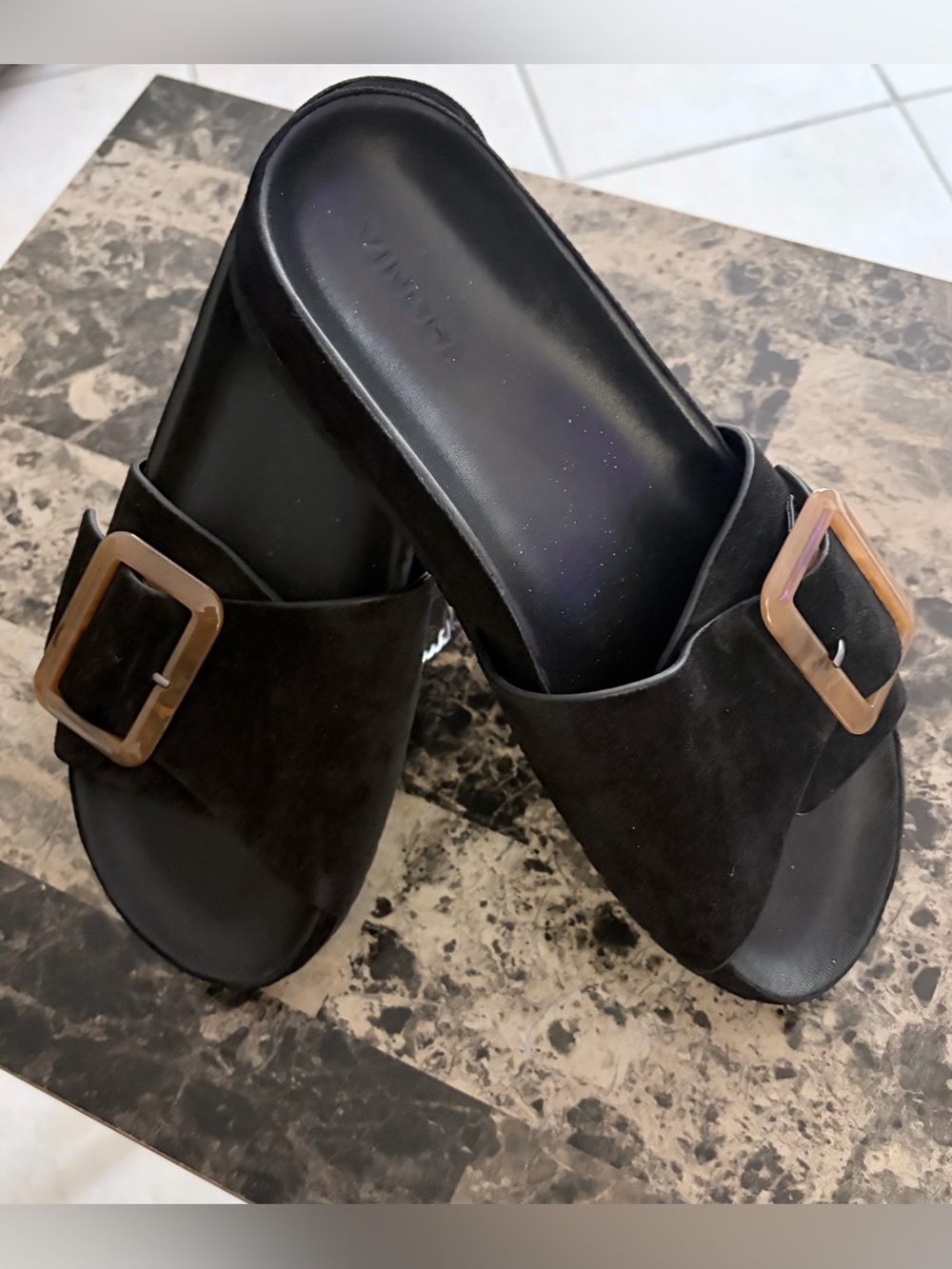 NWOT Vince Women's Grant Buckled Slide Suede Sandals in Black - Size 8.5